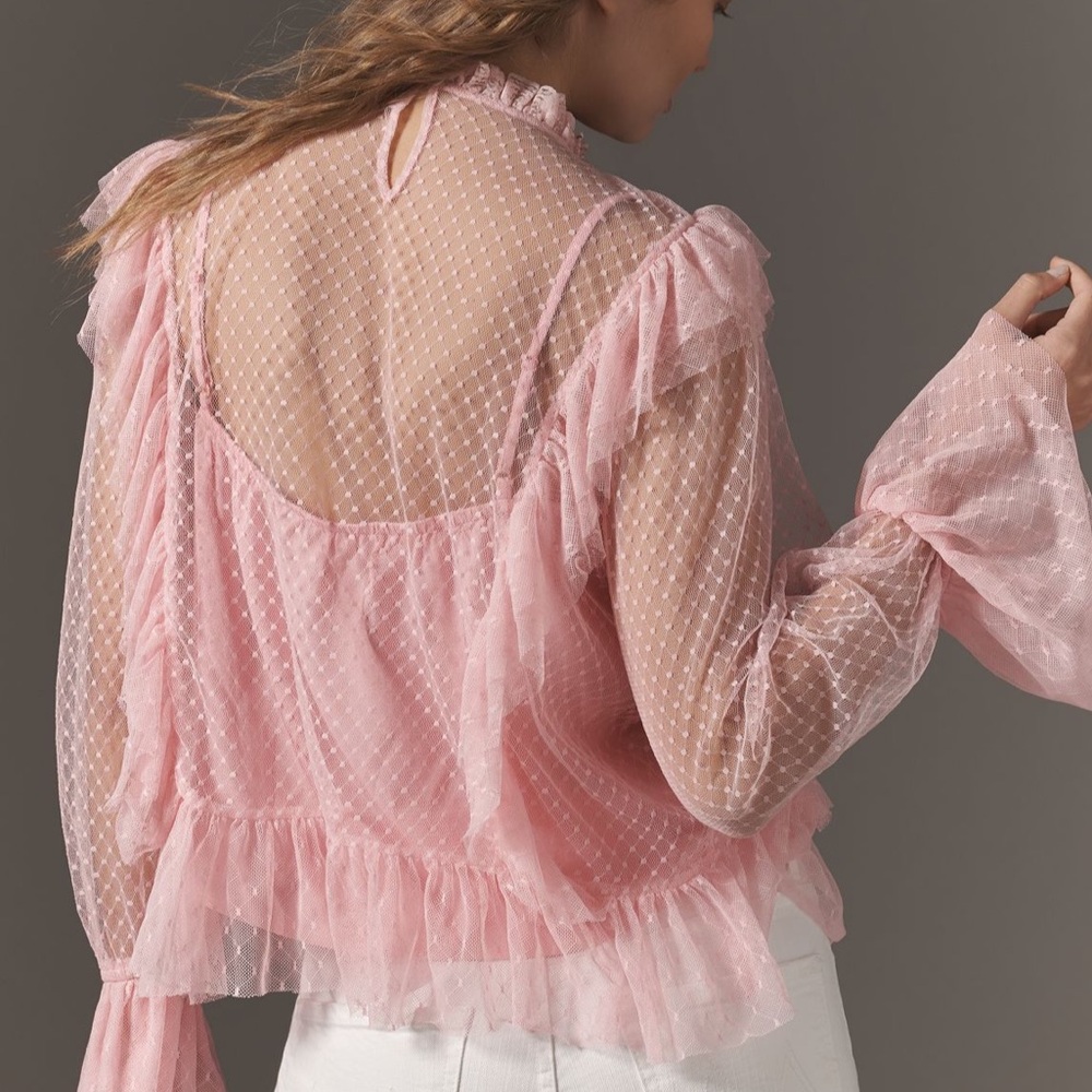 By Anthropologie Long-Sleeve Ruffle Sheer Blouse Pink - Picture 3 of 4